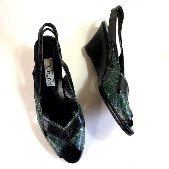 Vintage 70s Pointed Toe Slingback SnakeSkin Wedge Shoe Black Green Women's 38/7 - Picture 1 of 9
